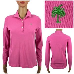 Lilly Pulitzer Womens Small Palmer Polo Top Long Sleeve Pink Pima Cotton Logo